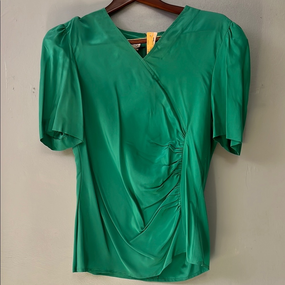 Vintage NWT Silk Emerald Green Puff Sleeve Wrap Blouse